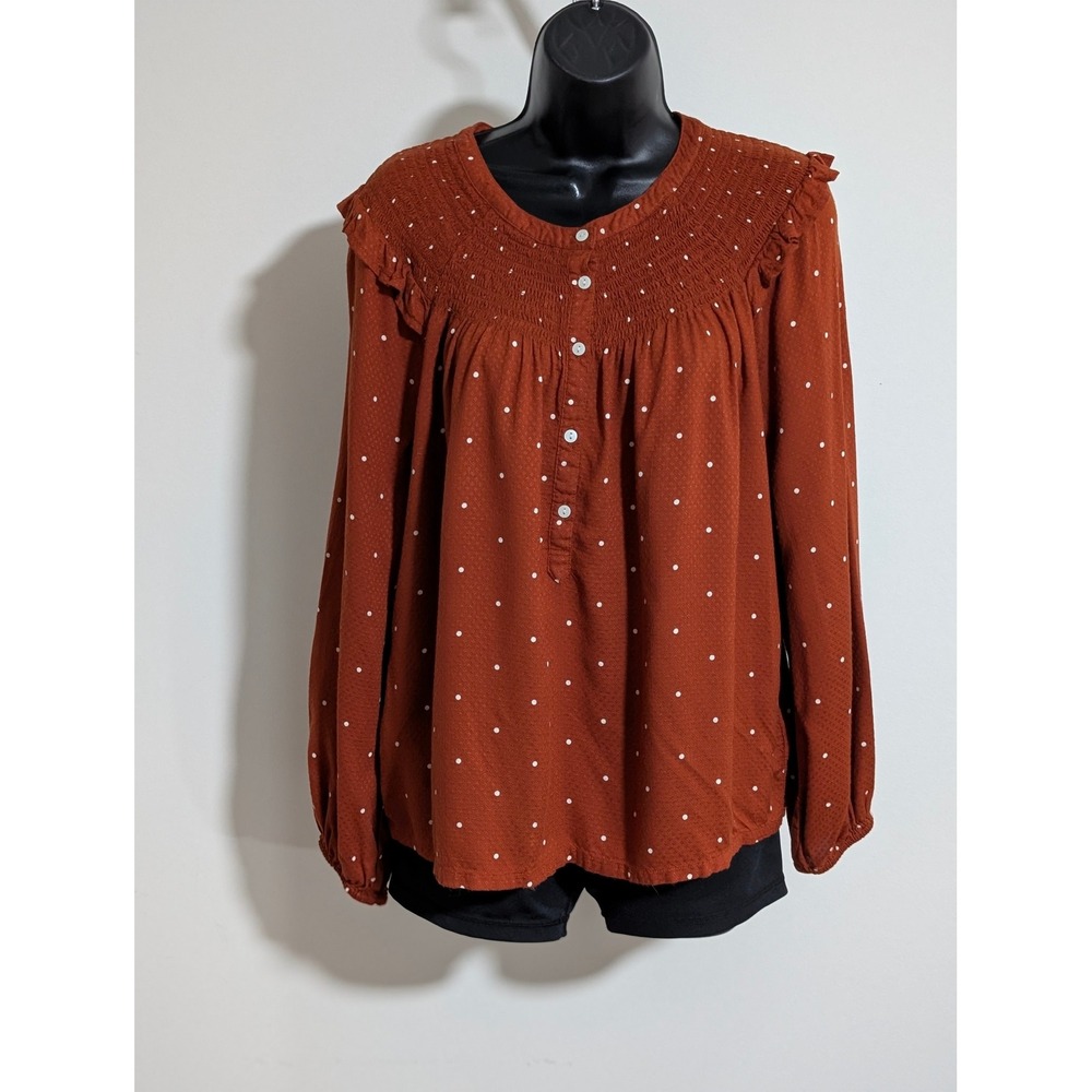 a.n.a Smocked Ruffle Blouse Polka Dot Long Sleeve Top Rust Orange Size Medium